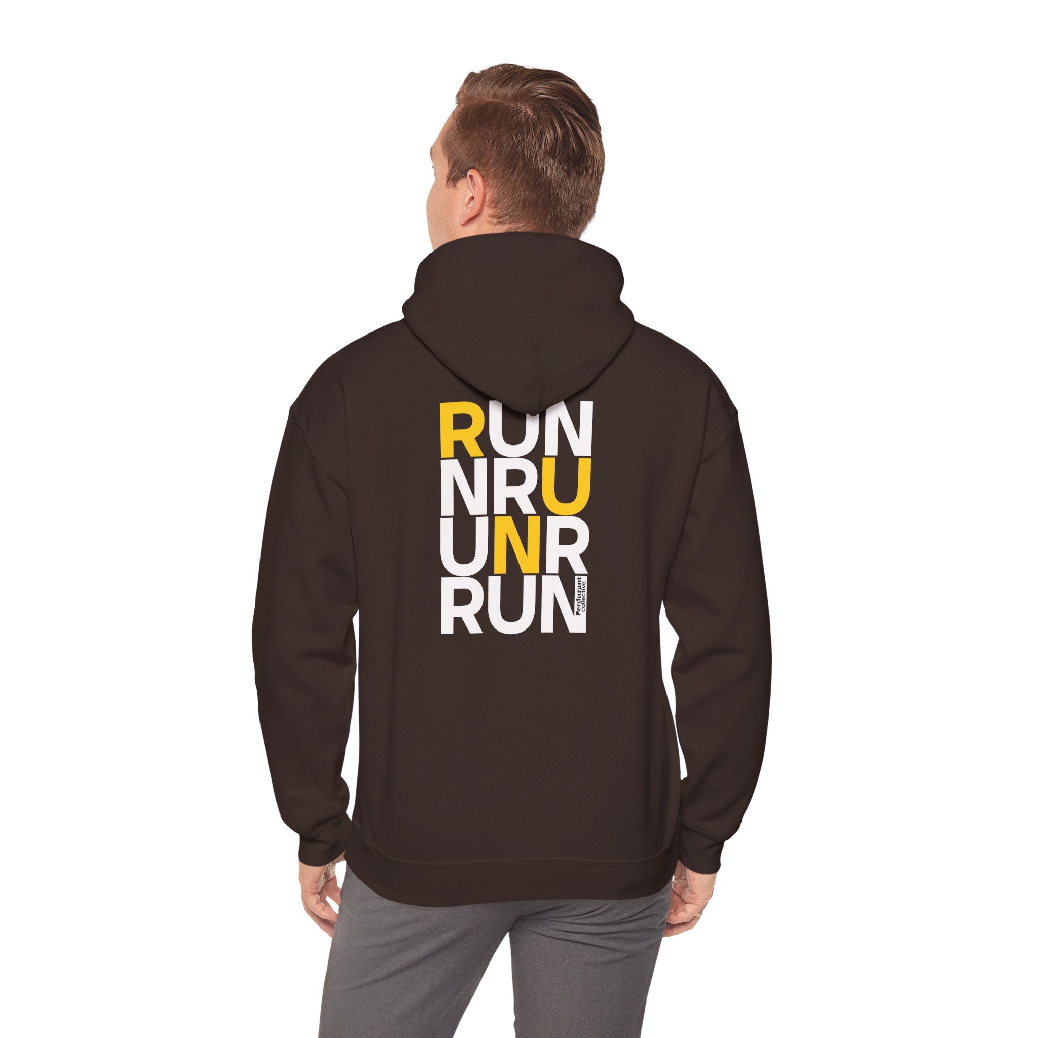 Perdurant Collective RUN RUN RUN Hoodie - Dark Athletic Unisex Graphic Pullover for Runners